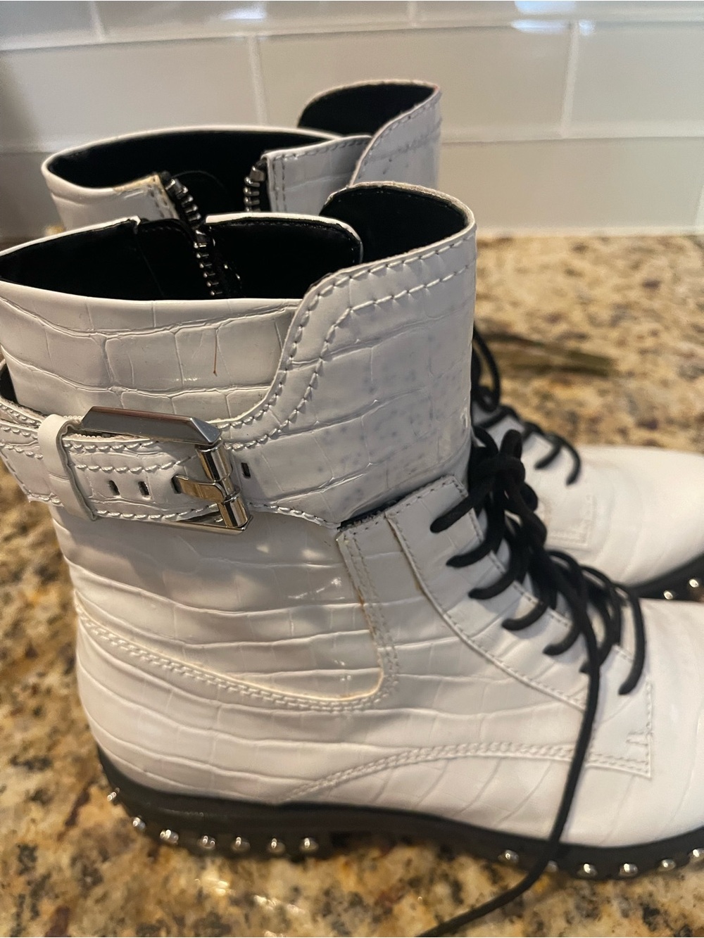 Dolce Vita White Croc-Embossed Lace-Up Studded Ankle Boots - Picture 3 of 7